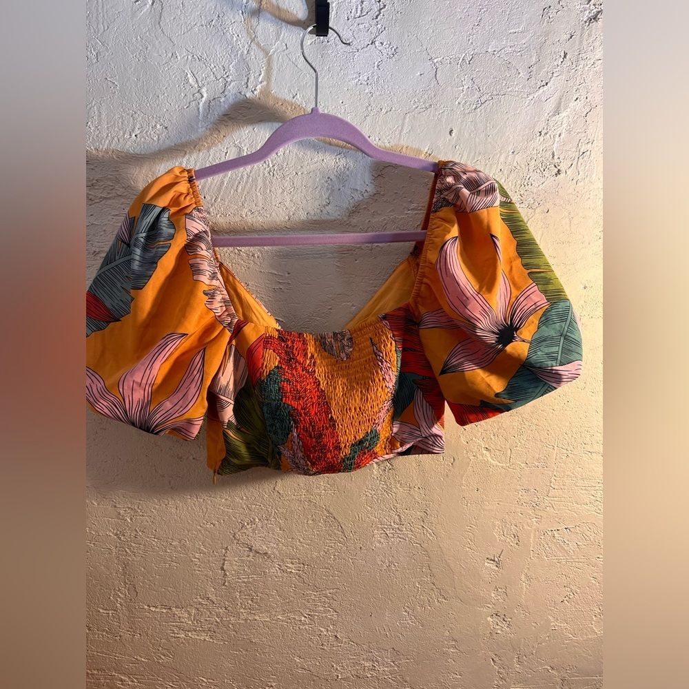 Orange and Blue Tropical Puff Sleeve Ruffled Crop Top summer beach resortwear - Picture 8 of 9